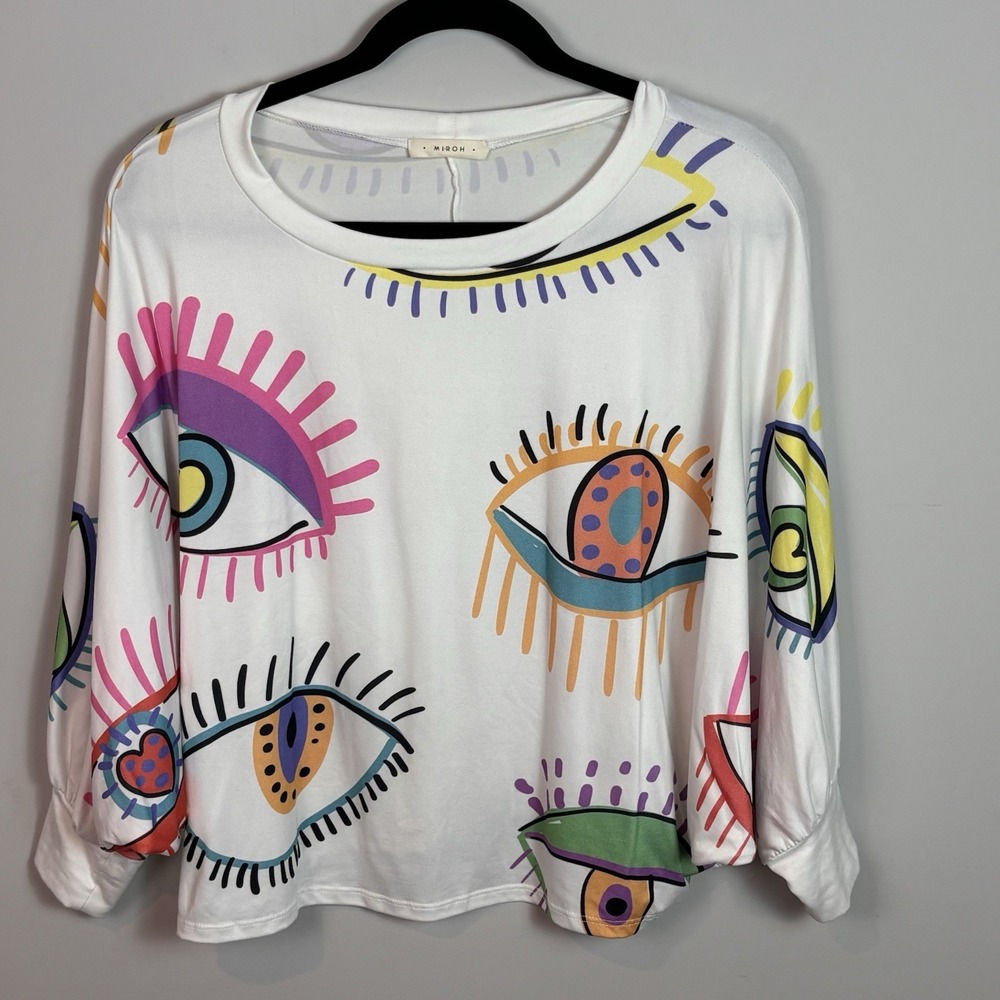 Miroh Women's White All Over Printed Eyes Dolman Sleeve Crop Blouse Size Small